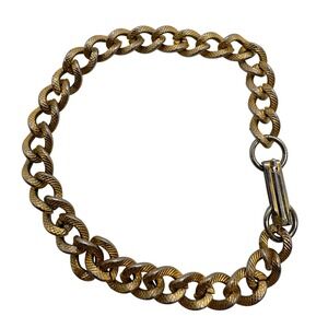 Vintage Gold Plated Textured Curb Link Charm Bracelet Fold Over Clasp 7 Inch